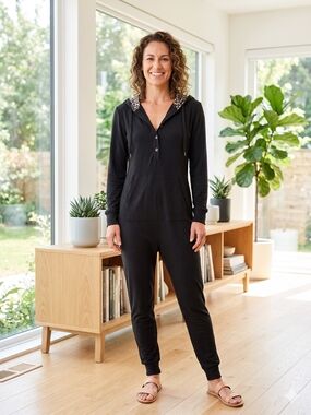 Smash&Tess Black Hooded Jumpsuit with Leopard Trim SZ M